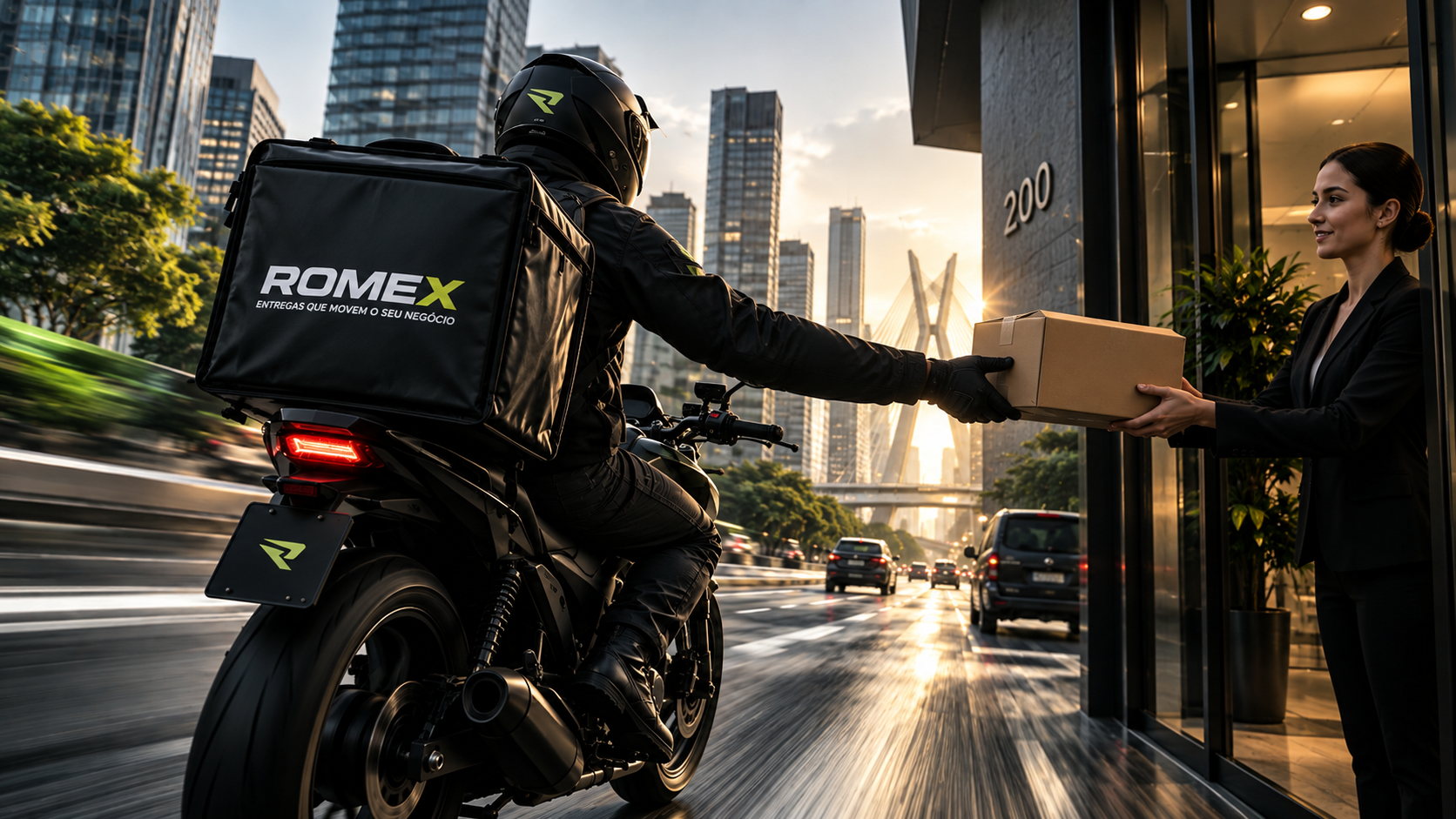 Motoboy Romex em deslocamento urbano para atendimento empresarial no Rio de Janeiro