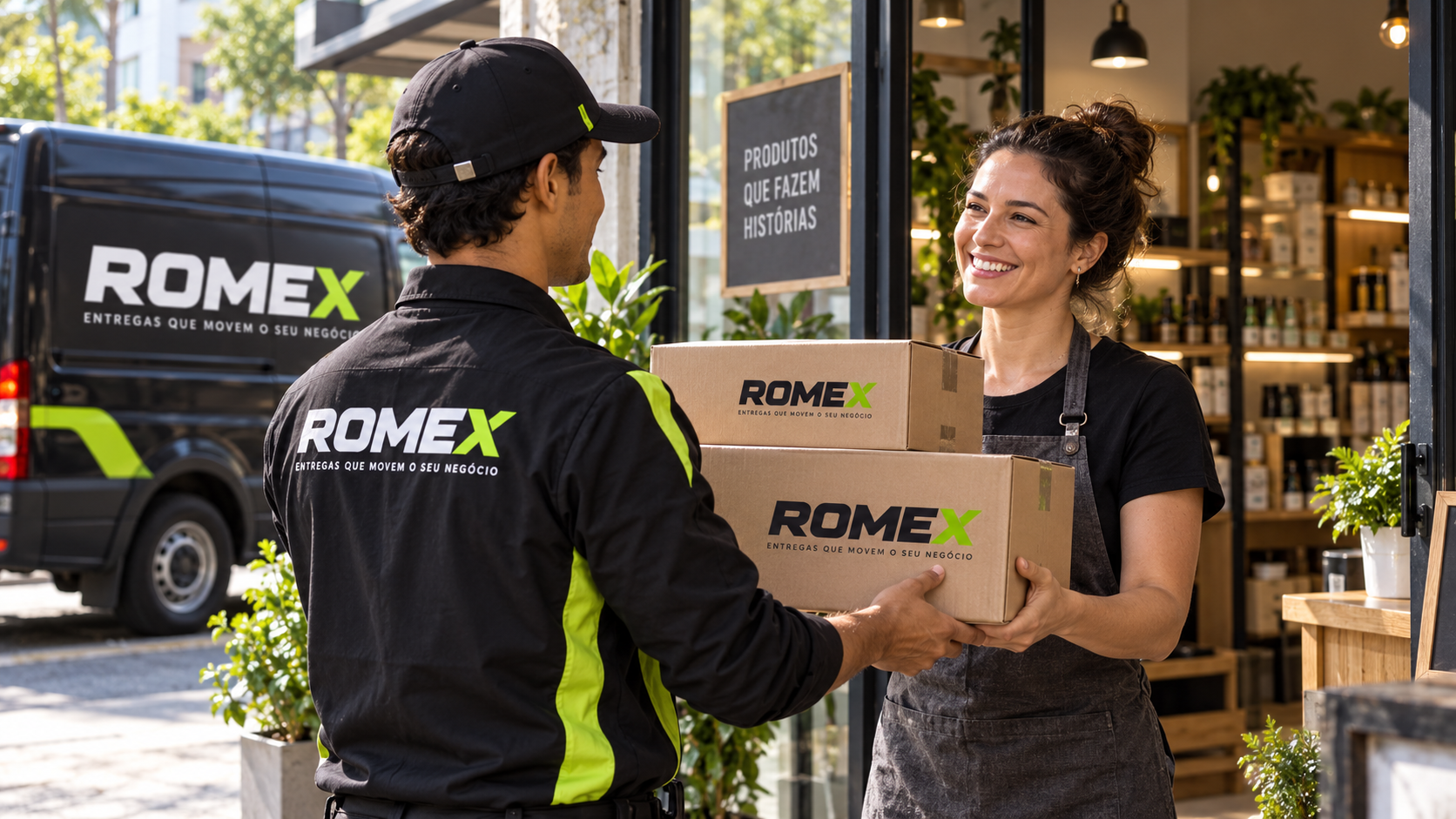 Coleta da Romex em comércio local, com volumes neutros preparados para transporte