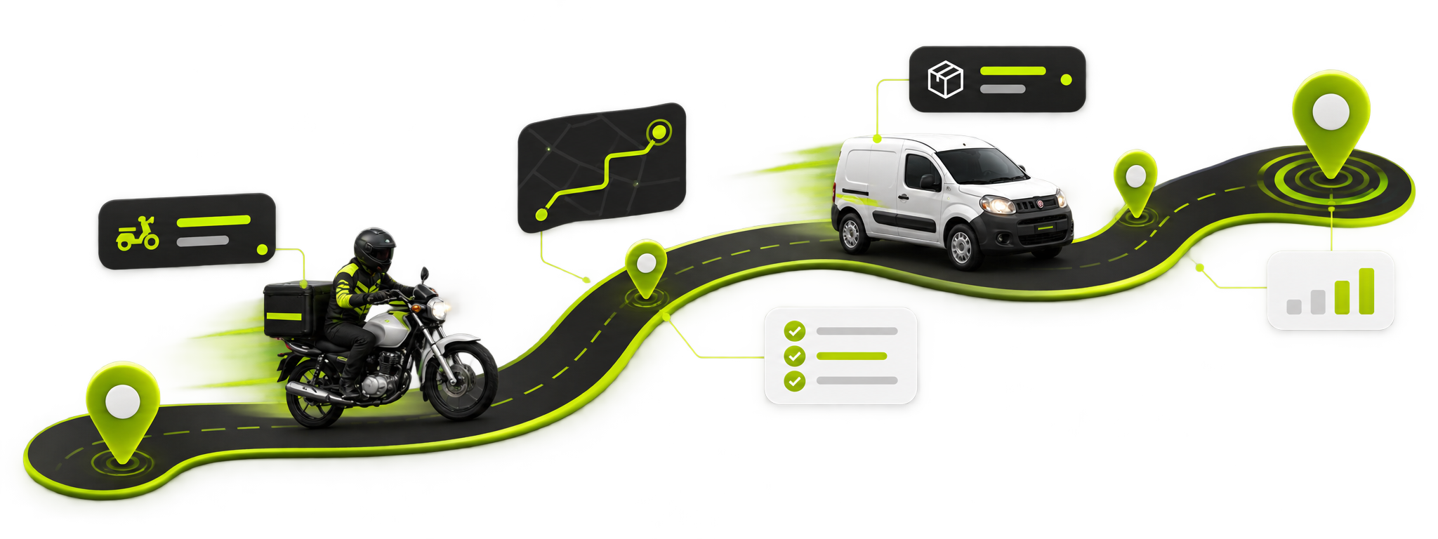 Infográfico de rota urbana com motocicleta e utilitário