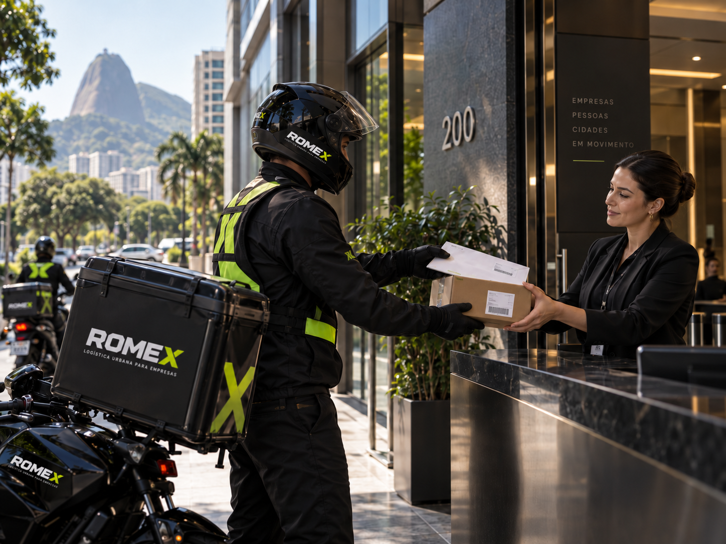 Motoboy em atendimento em edifício empresarial no Rio de Janeiro